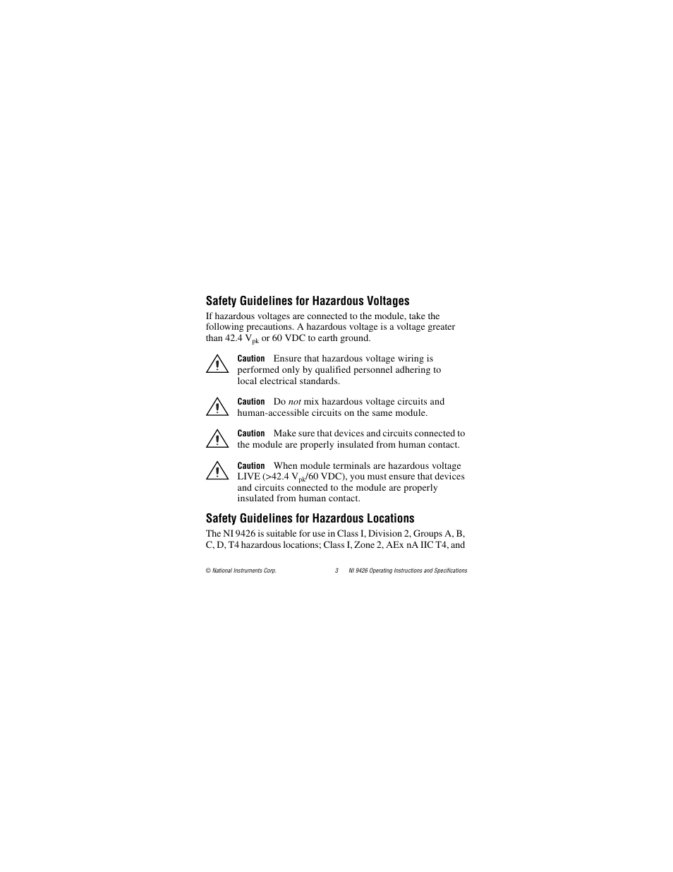 Safety guidelines for hazardous voltages, Safety guidelines for hazardous locations | National Instruments NI 9426 User Manual | Page 3 / 20