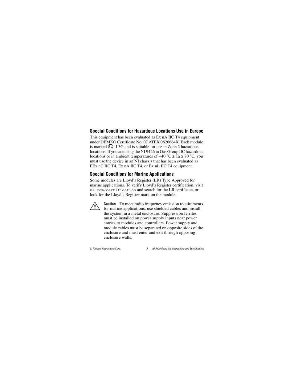 Special conditions for marine applications | National Instruments NI 9426 User Manual | Page 5 / 20