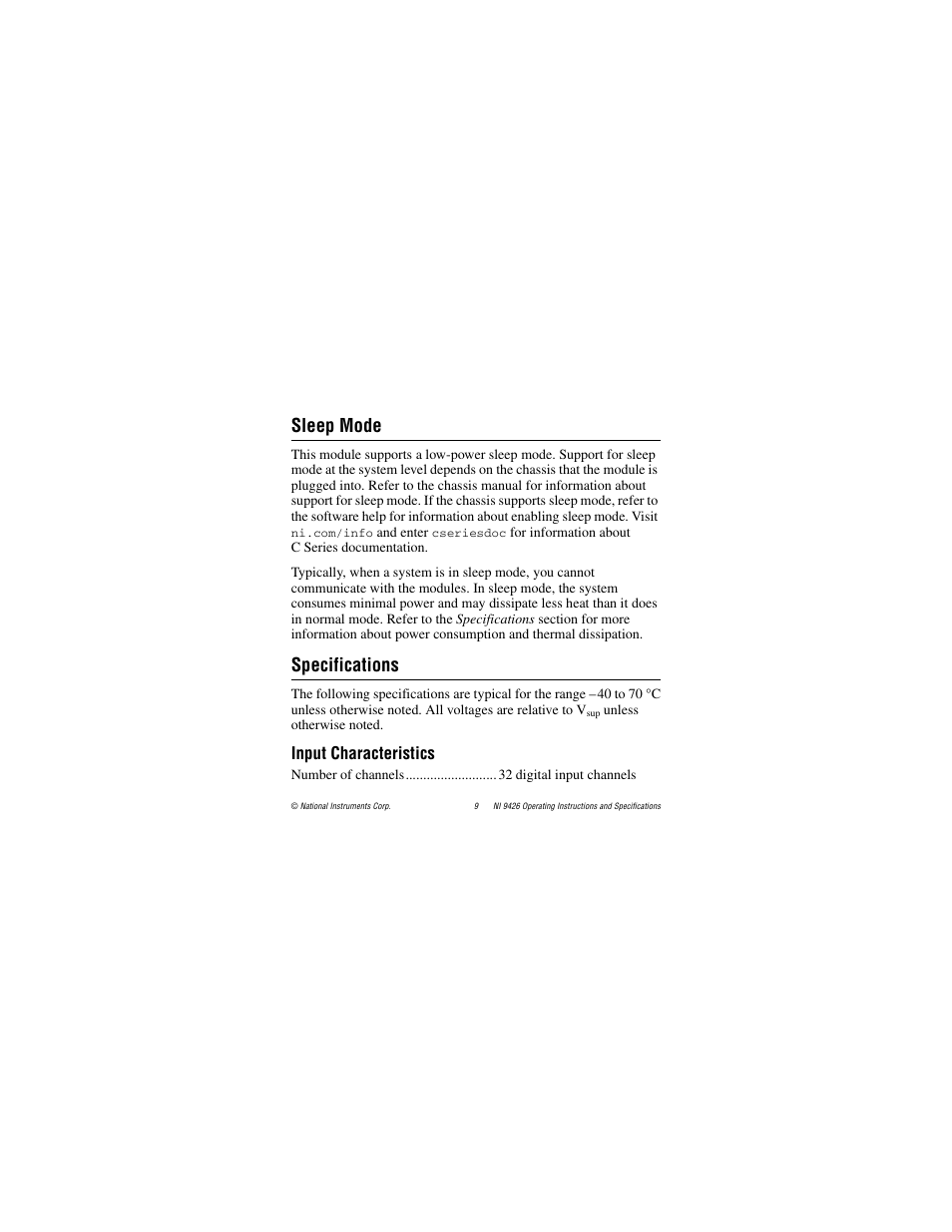 Sleep mode, Specifications, Input characteristics | National Instruments NI 9426 User Manual | Page 9 / 20