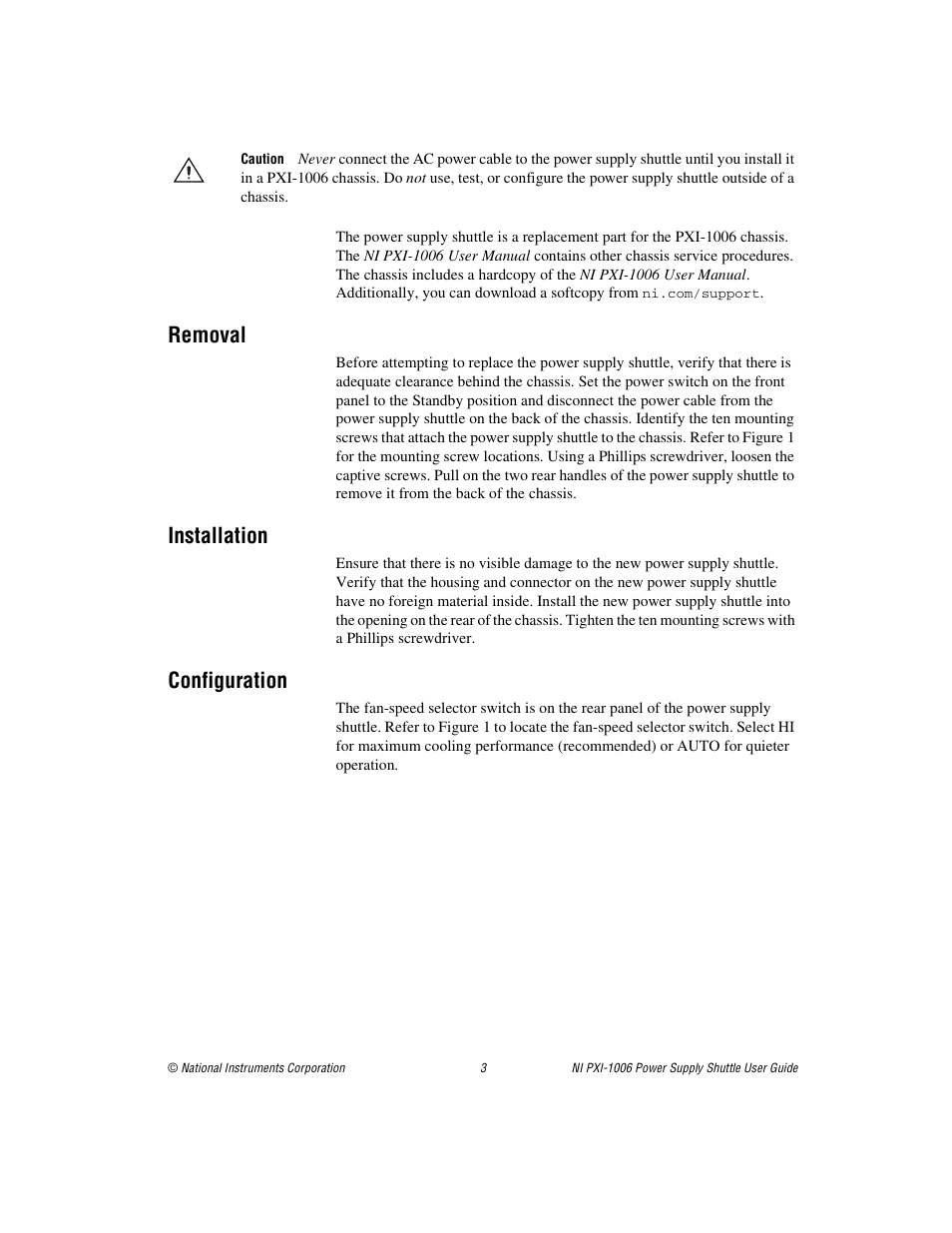 Removal, Installation, Configuration | National Instruments NI PXI-1006 User Manual | Page 3 / 5