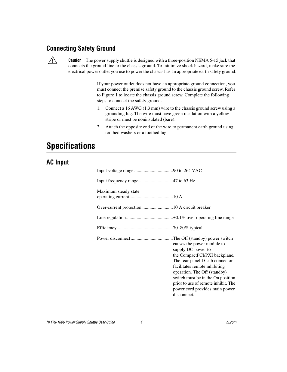 Connecting safety ground, Specifications, Ac input | National Instruments NI PXI-1006 User Manual | Page 4 / 5