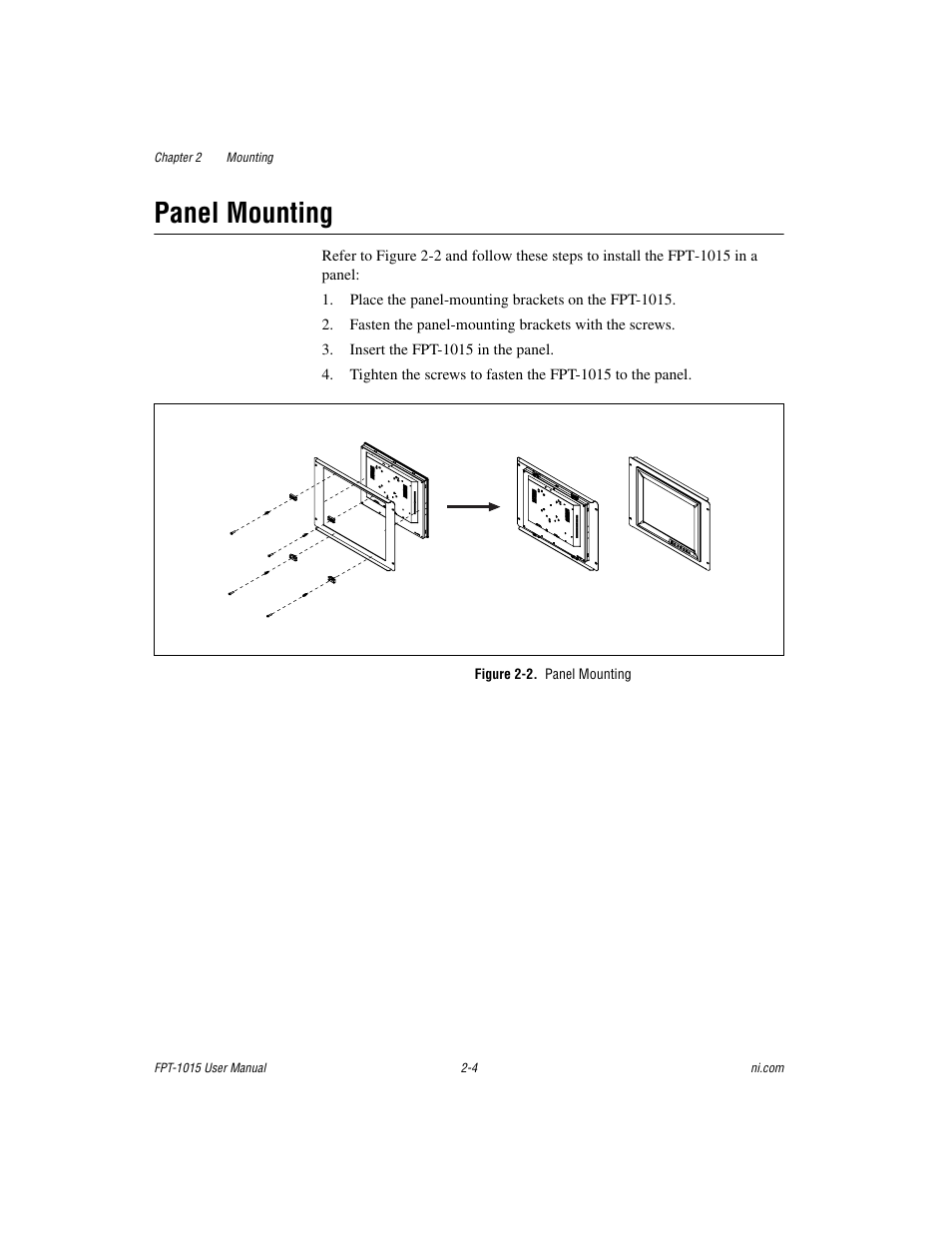 Panel mounting, Figure 2-2. panel mounting, Panel mounting -4 | National Instruments FPT-1015 User Manual | Page 12 / 33