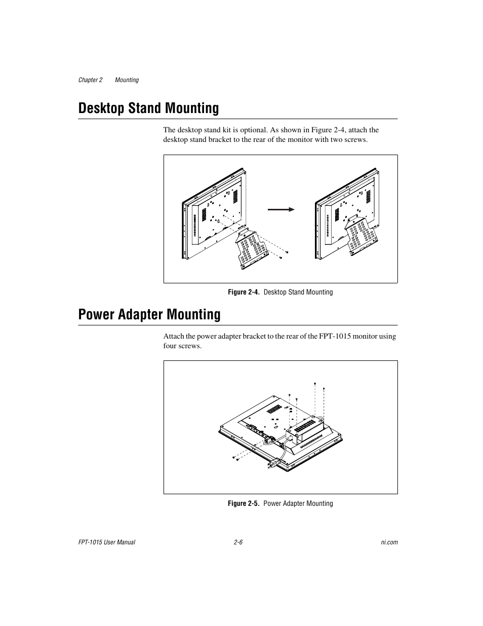 Desktop stand mounting, Figure 2-4. desktop stand mounting, Power adapter mounting | Figure 2-5. power adapter mounting | National Instruments FPT-1015 User Manual | Page 14 / 33