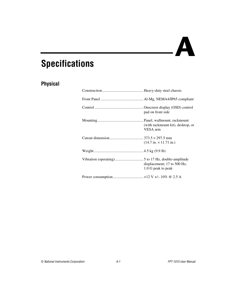 Appendix a specifications, Specifications | National Instruments FPT-1015 User Manual | Page 15 / 33