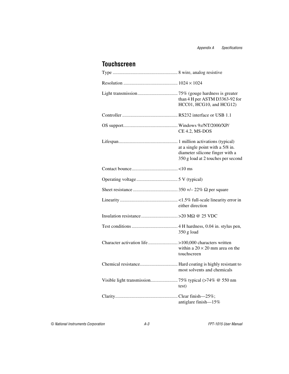 Touchscreen | National Instruments FPT-1015 User Manual | Page 17 / 33