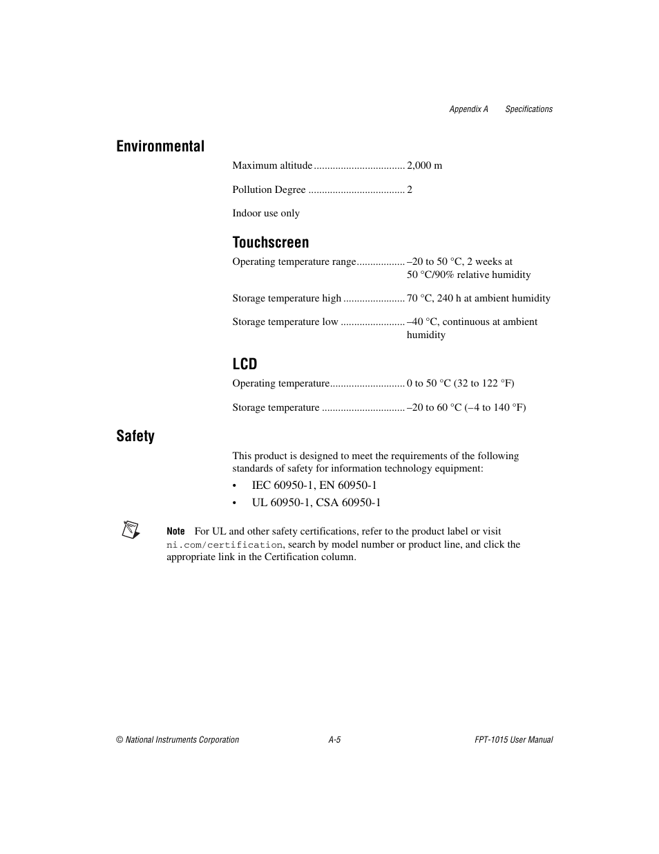 Safety, Environmental, Touchscreen | National Instruments FPT-1015 User Manual | Page 19 / 33
