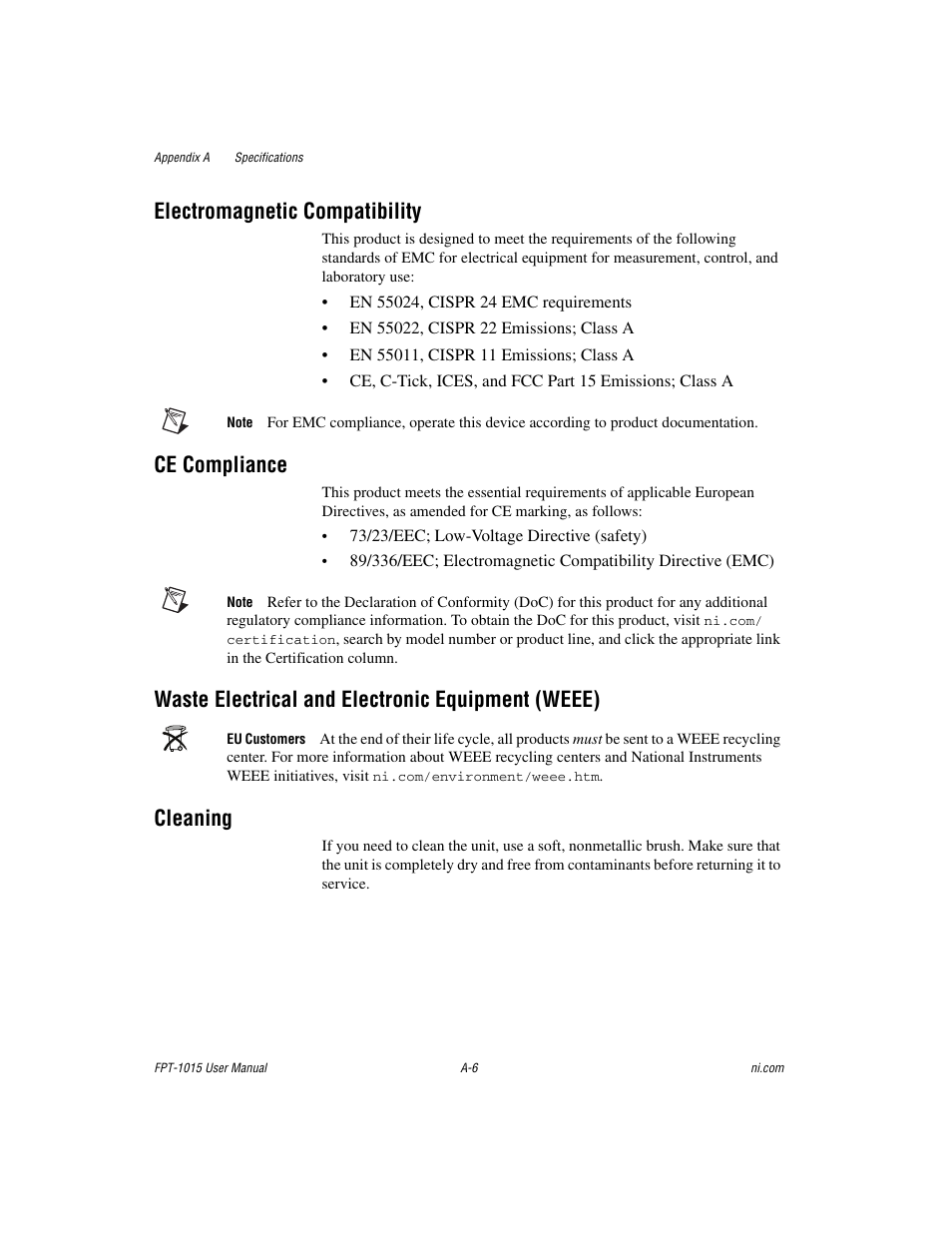 Electromagnetic compatibility, Ce compliance, Waste electrical and electronic equipment (weee) | Cleaning | National Instruments FPT-1015 User Manual | Page 20 / 33