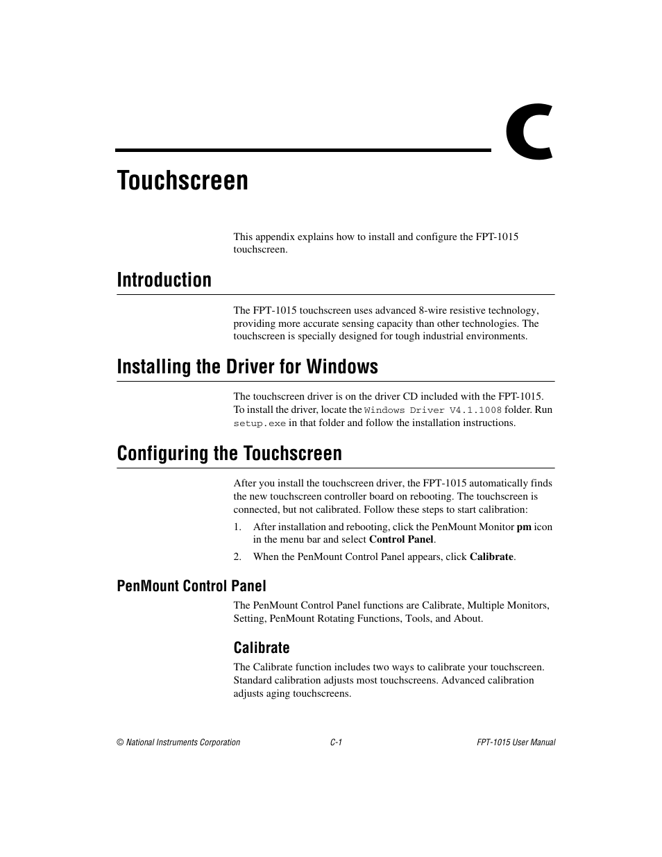 Appendix c touchscreen, Touchscreen, Introduction | Installing the driver for windows, Configuring the touchscreen | National Instruments FPT-1015 User Manual | Page 24 / 33