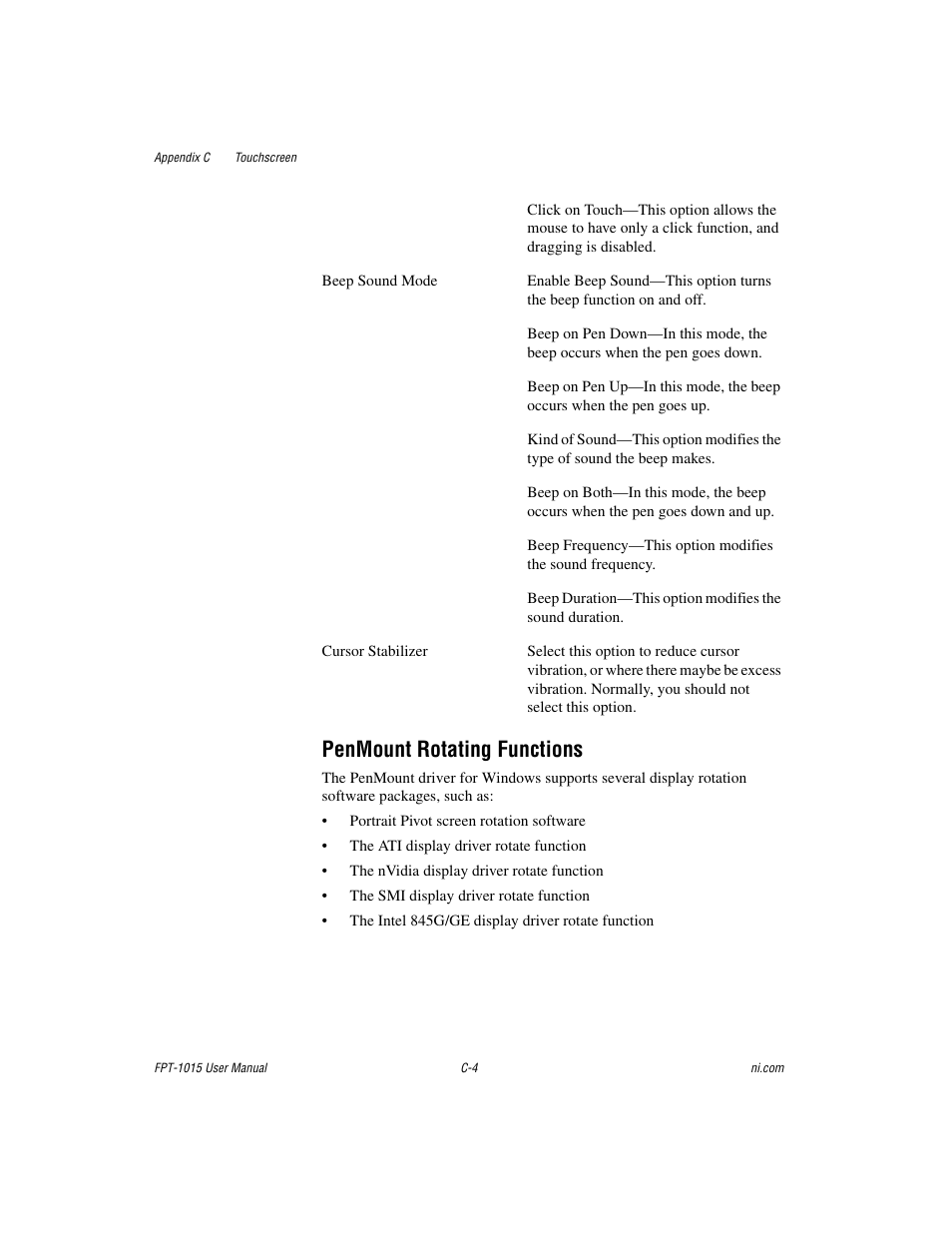 Penmount rotating functions | National Instruments FPT-1015 User Manual | Page 27 / 33