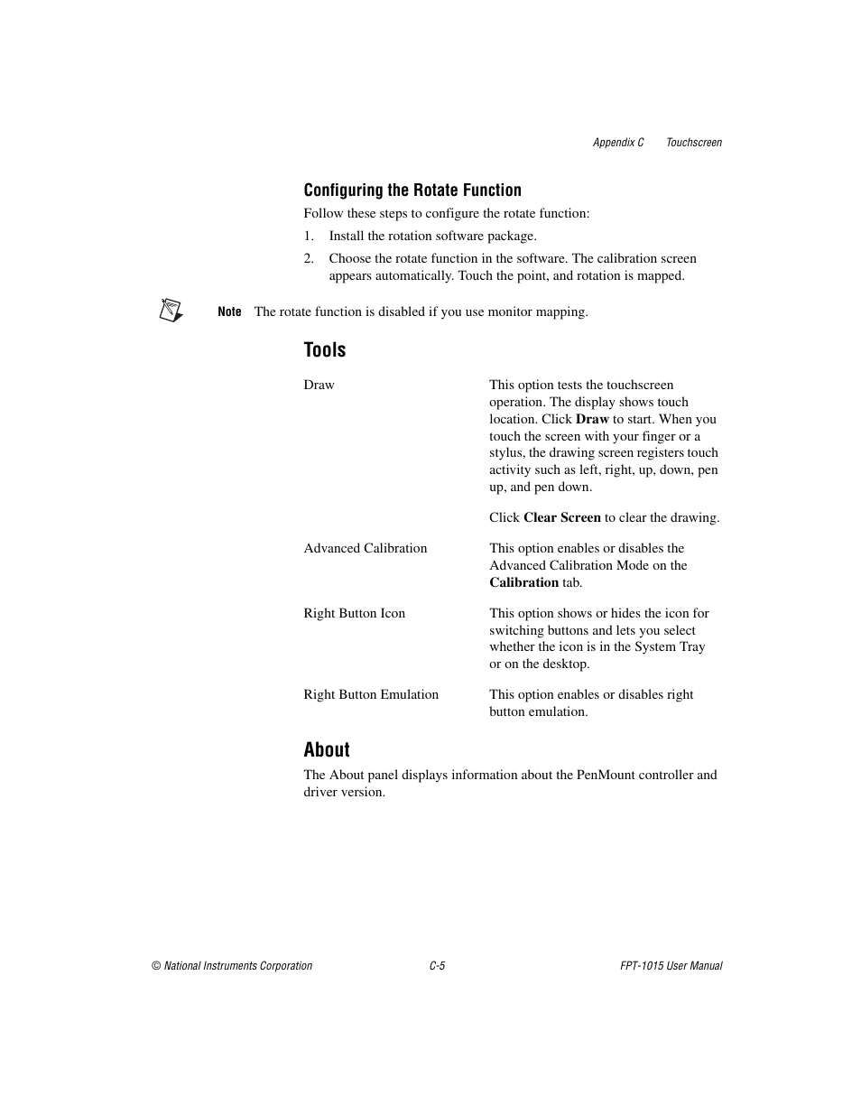 Tools, About | National Instruments FPT-1015 User Manual | Page 28 / 33