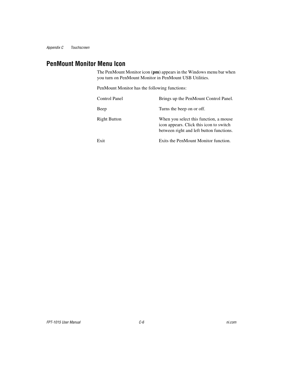 Penmount monitor menu icon | National Instruments FPT-1015 User Manual | Page 29 / 33
