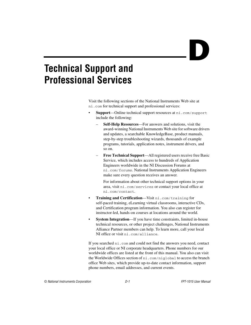 Technical support and professional services | National Instruments FPT-1015 User Manual | Page 30 / 33