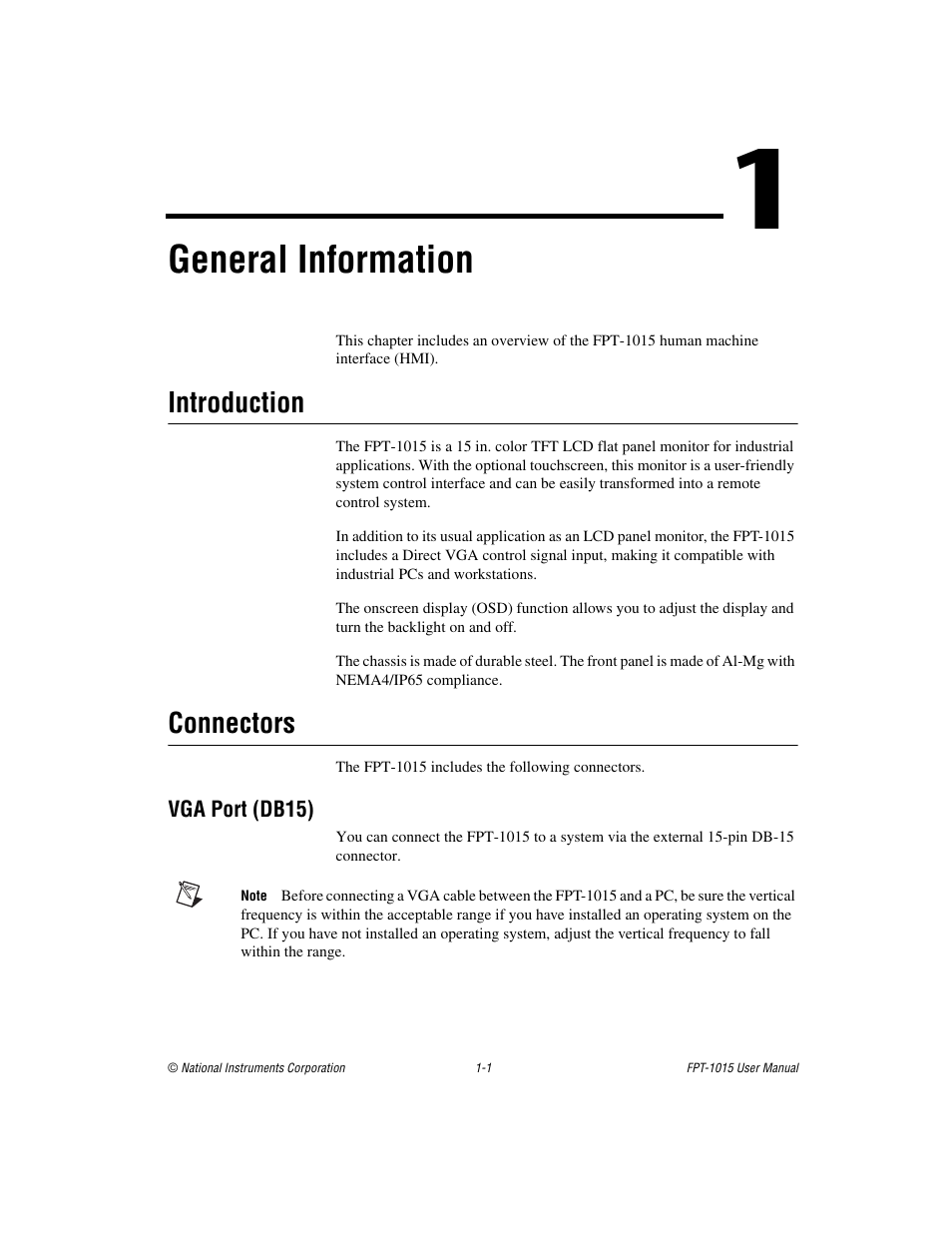 Chapter 1 general information, Introduction, Connectors | Vga port (db15), Introduction -1 connectors -1, Vga port (db15) -1, General information | National Instruments FPT-1015 User Manual | Page 7 / 33