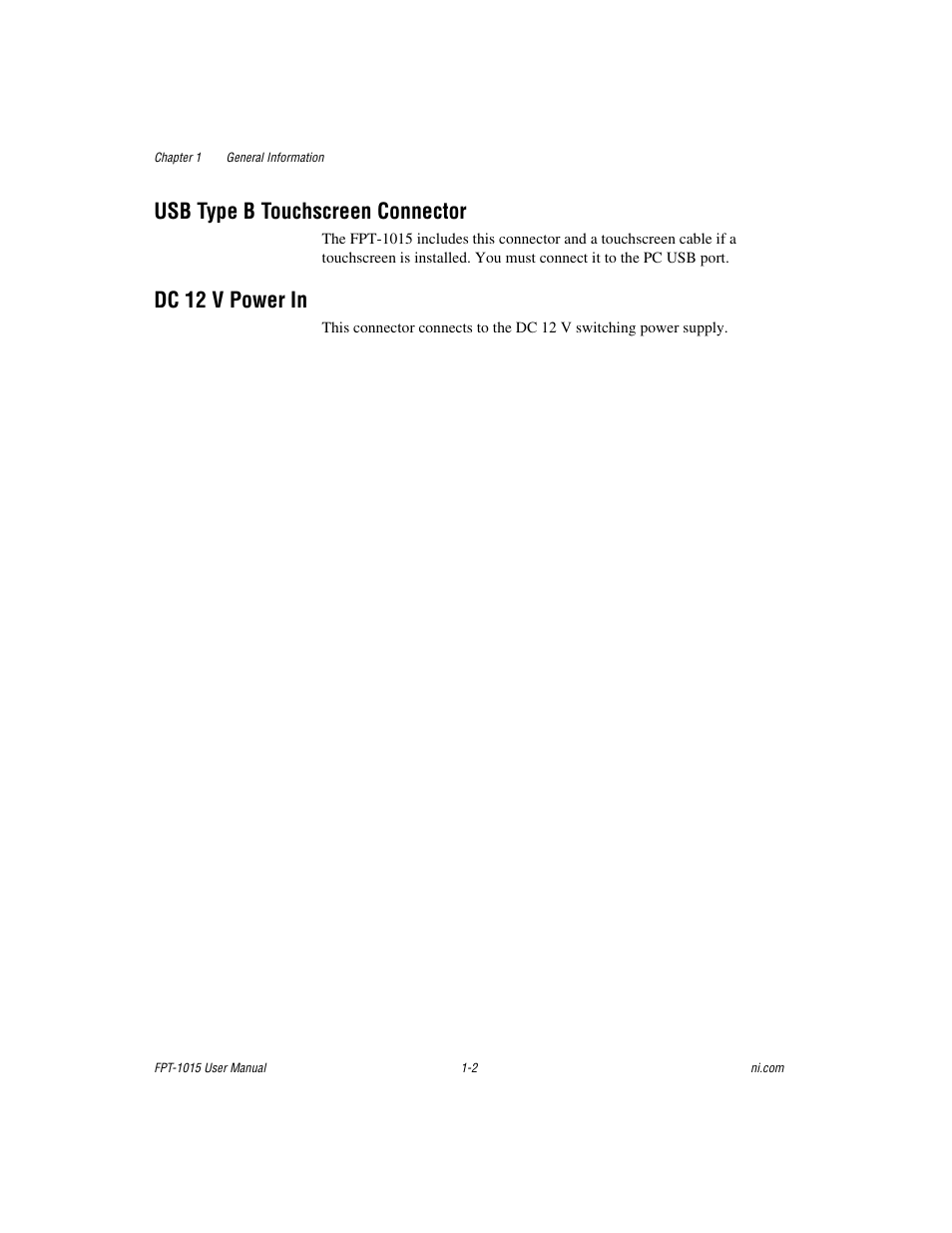 Usb type b touchscreen connector, Dc 12 v power in | National Instruments FPT-1015 User Manual | Page 8 / 33