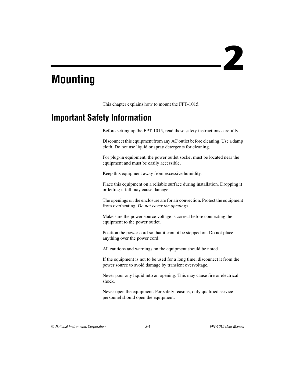 Chapter 2 mounting, Important safety information, Important safety information -1 | Mounting | National Instruments FPT-1015 User Manual | Page 9 / 33