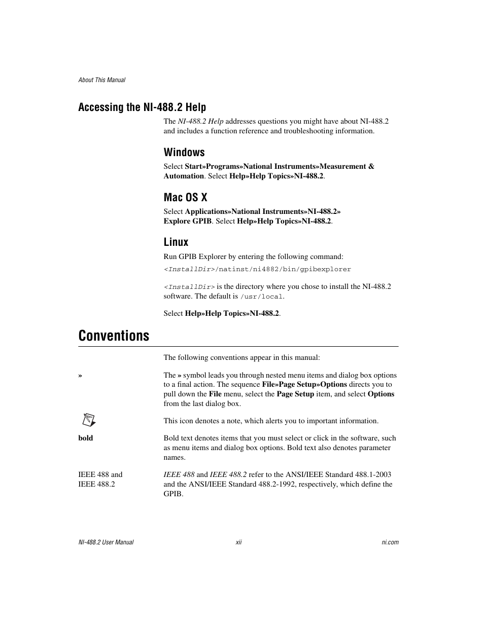 Accessing the ni-488.2 help, Conventions, Windows | Mac os x, Linux | National Instruments NI-488.2 User Manual | Page 10 / 137