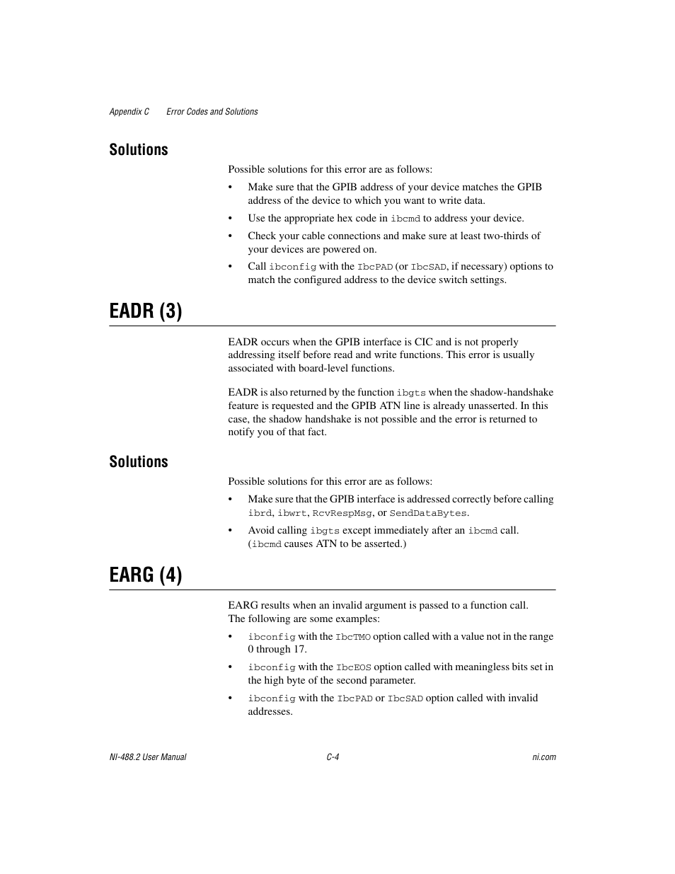 Eadr (3), Earg (4), Solutions | National Instruments NI-488.2 User Manual | Page 108 / 137