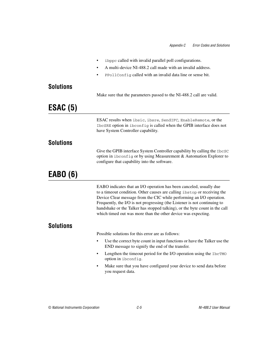 Esac (5), Eabo (6), Solutions | National Instruments NI-488.2 User Manual | Page 109 / 137