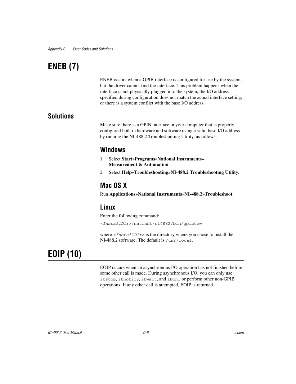 Eneb (7), Eoip (10), Solutions | Windows, Mac os x, Linux | National Instruments NI-488.2 User Manual | Page 110 / 137