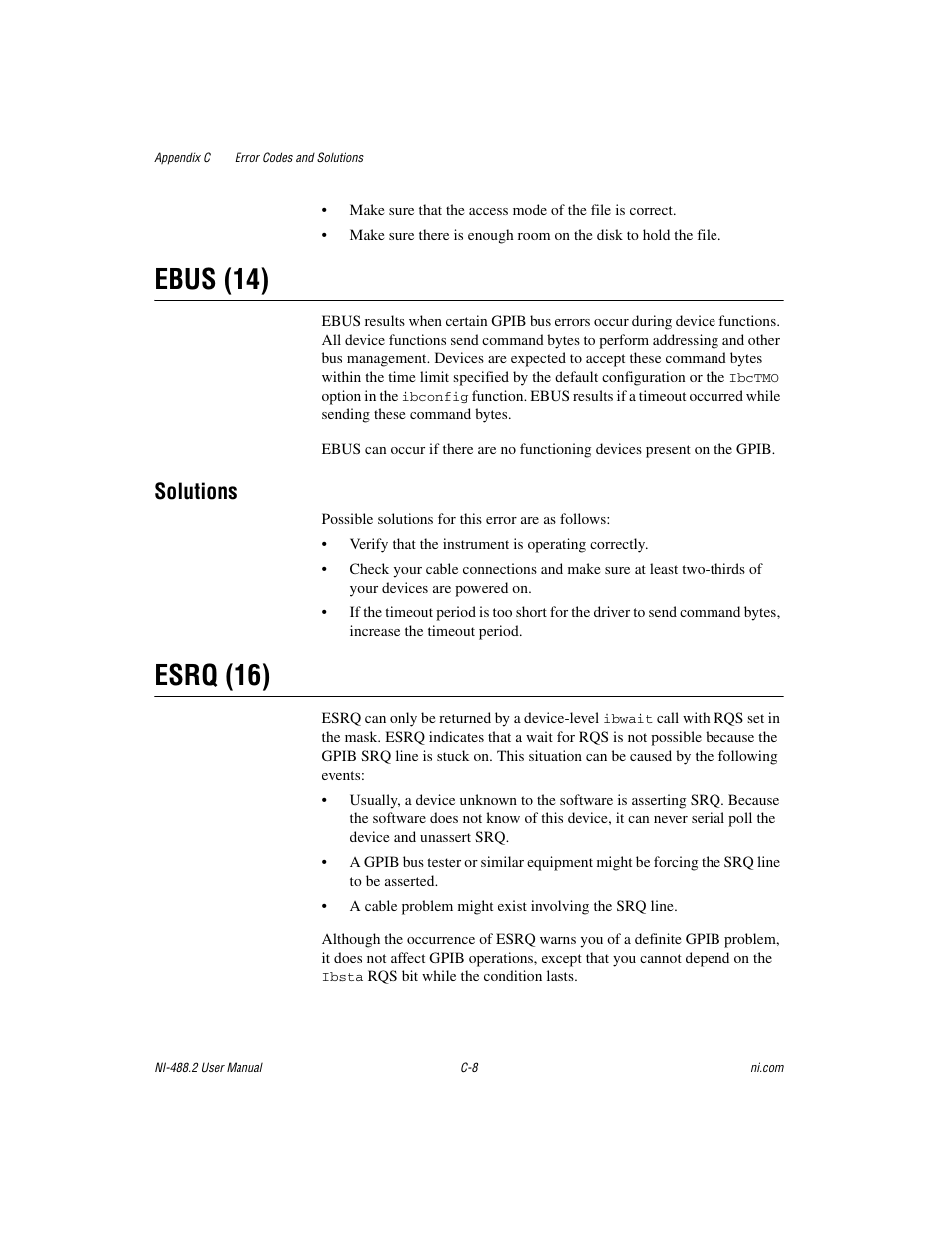 Ebus (14), Esrq (16), Solutions | National Instruments NI-488.2 User Manual | Page 112 / 137