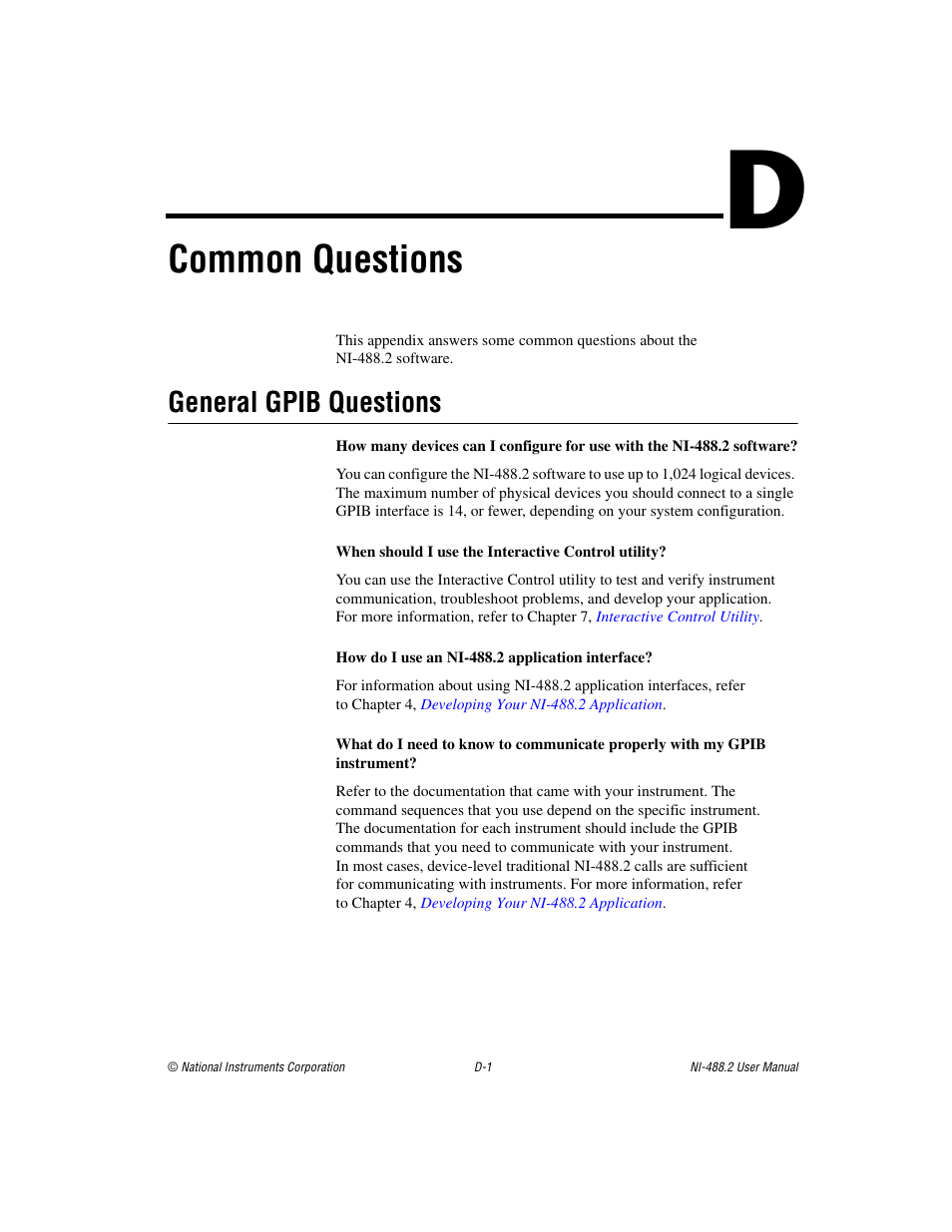 Appendix d common questions, Common questions, General gpib questions | National Instruments NI-488.2 User Manual | Page 116 / 137