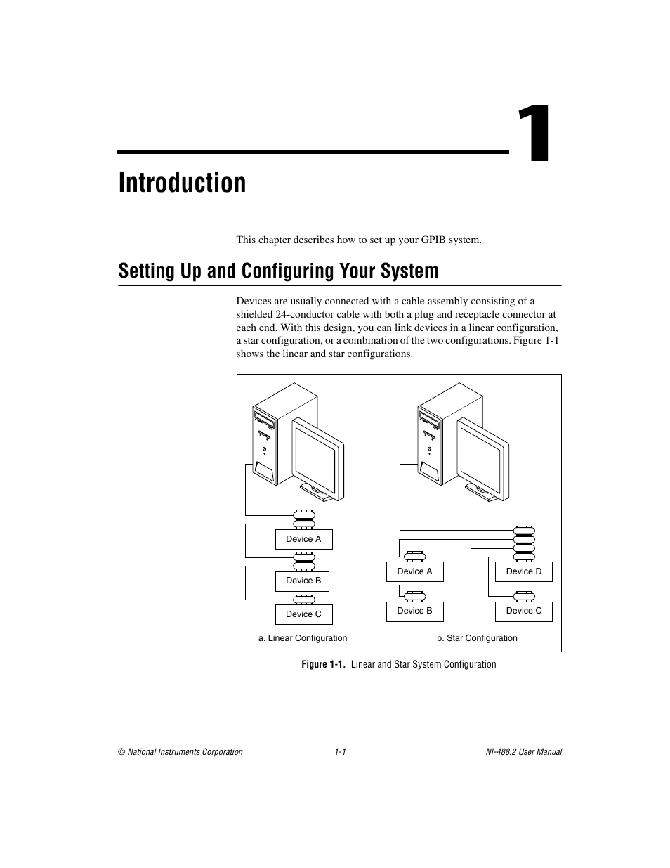 Chapter 1 introduction, Setting up and configuring your system, Figure 1-1. linear and star system configuration | Setting up and configuring your system -1, Introduction | National Instruments NI-488.2 User Manual | Page 12 / 137