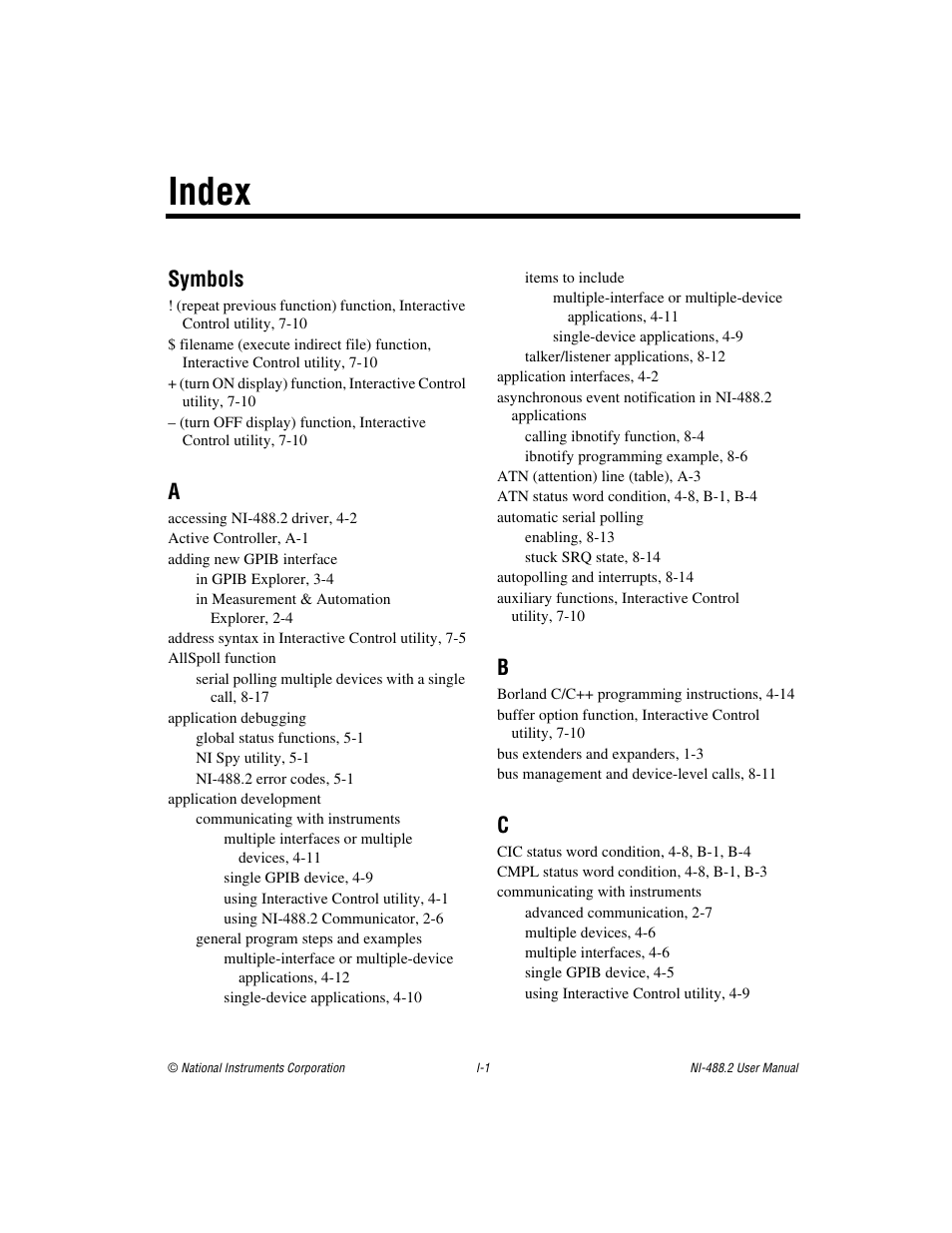 Index, Symbols | National Instruments NI-488.2 User Manual | Page 129 / 137