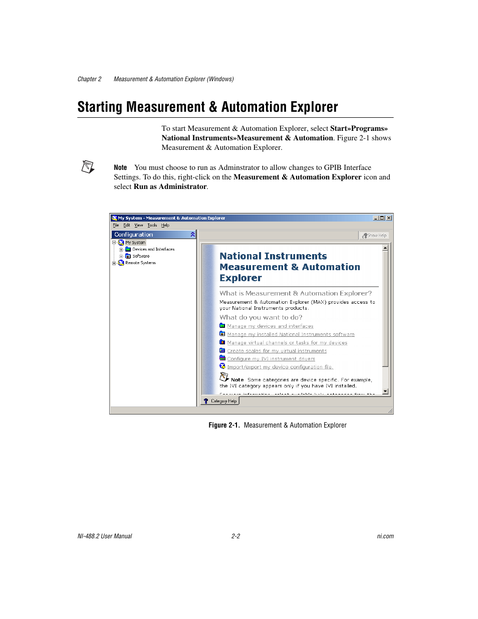 Starting measurement & automation explorer, Figure 2-1. measurement & automation explorer, Starting measurement & automation explorer -2 | National Instruments NI-488.2 User Manual | Page 16 / 137