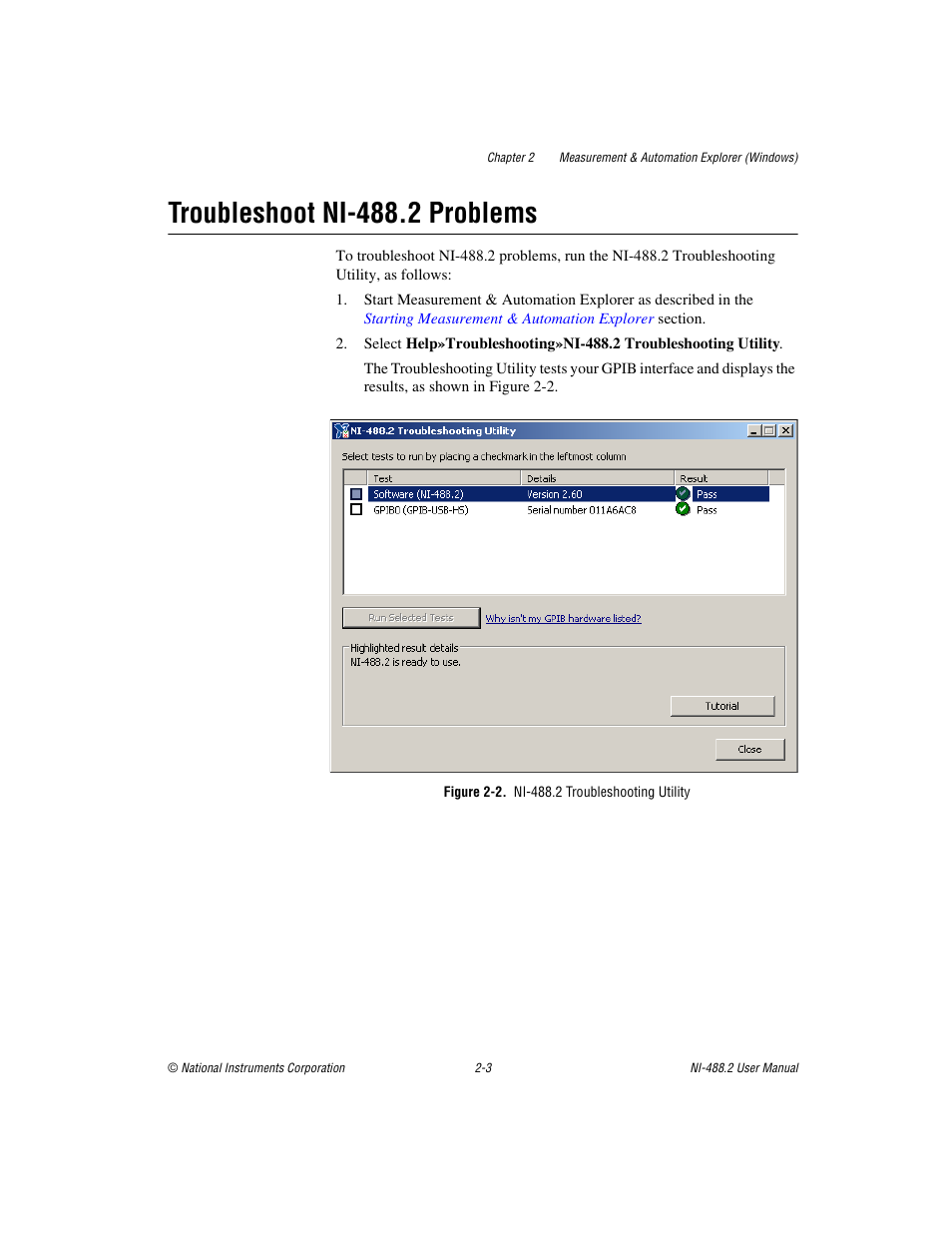 Troubleshoot ni-488.2 problems, Figure 2-2. ni-488.2 troubleshooting utility, Troubleshoot ni-488.2 problems -3 | National Instruments NI-488.2 User Manual | Page 17 / 137