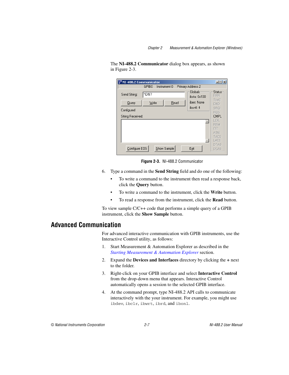 Figure 2-3. ni-488.2 communicator, Advanced communication, Advanced communication -7 | National Instruments NI-488.2 User Manual | Page 21 / 137
