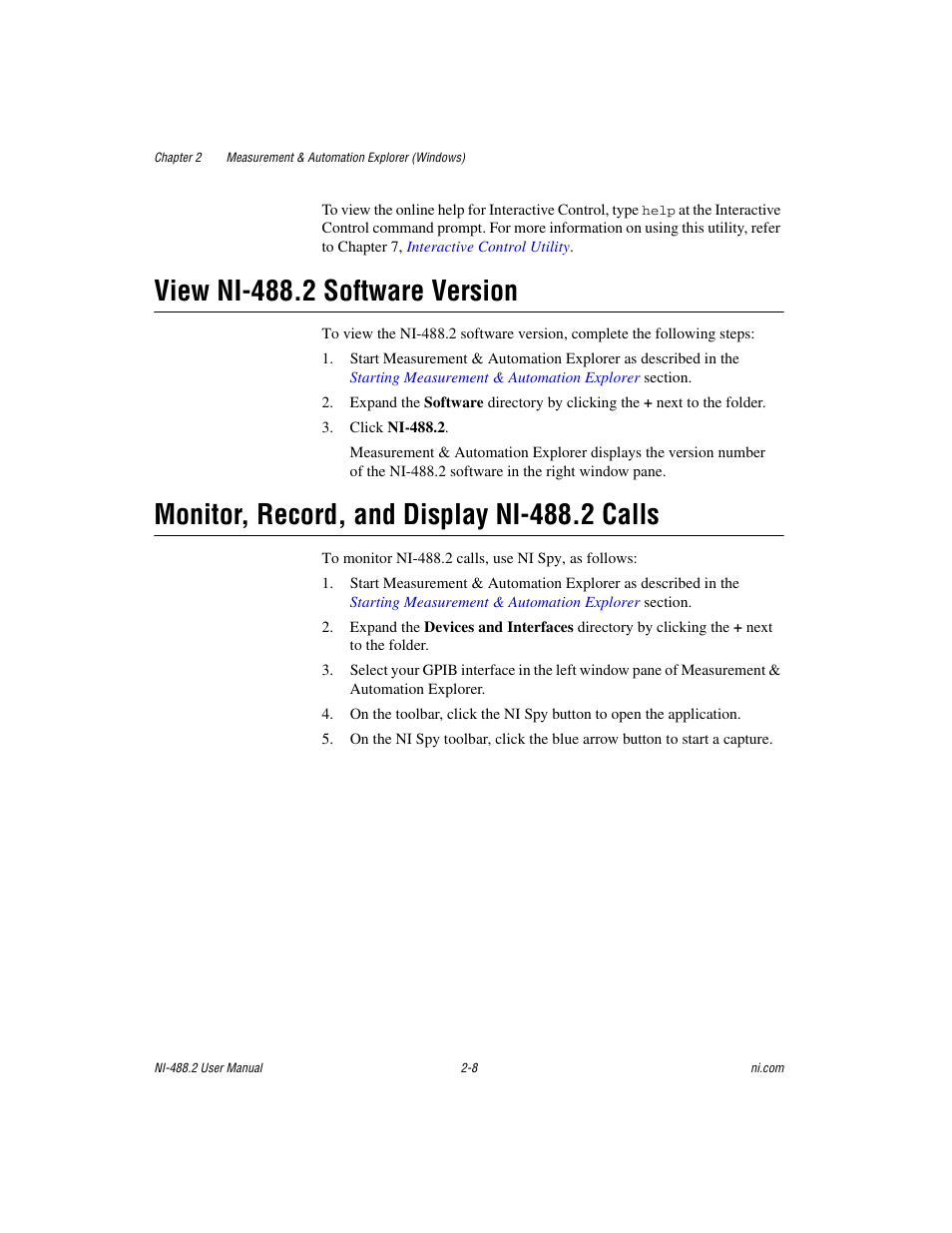 View ni-488.2 software version, Monitor, record, and display ni-488.2 calls | National Instruments NI-488.2 User Manual | Page 22 / 137