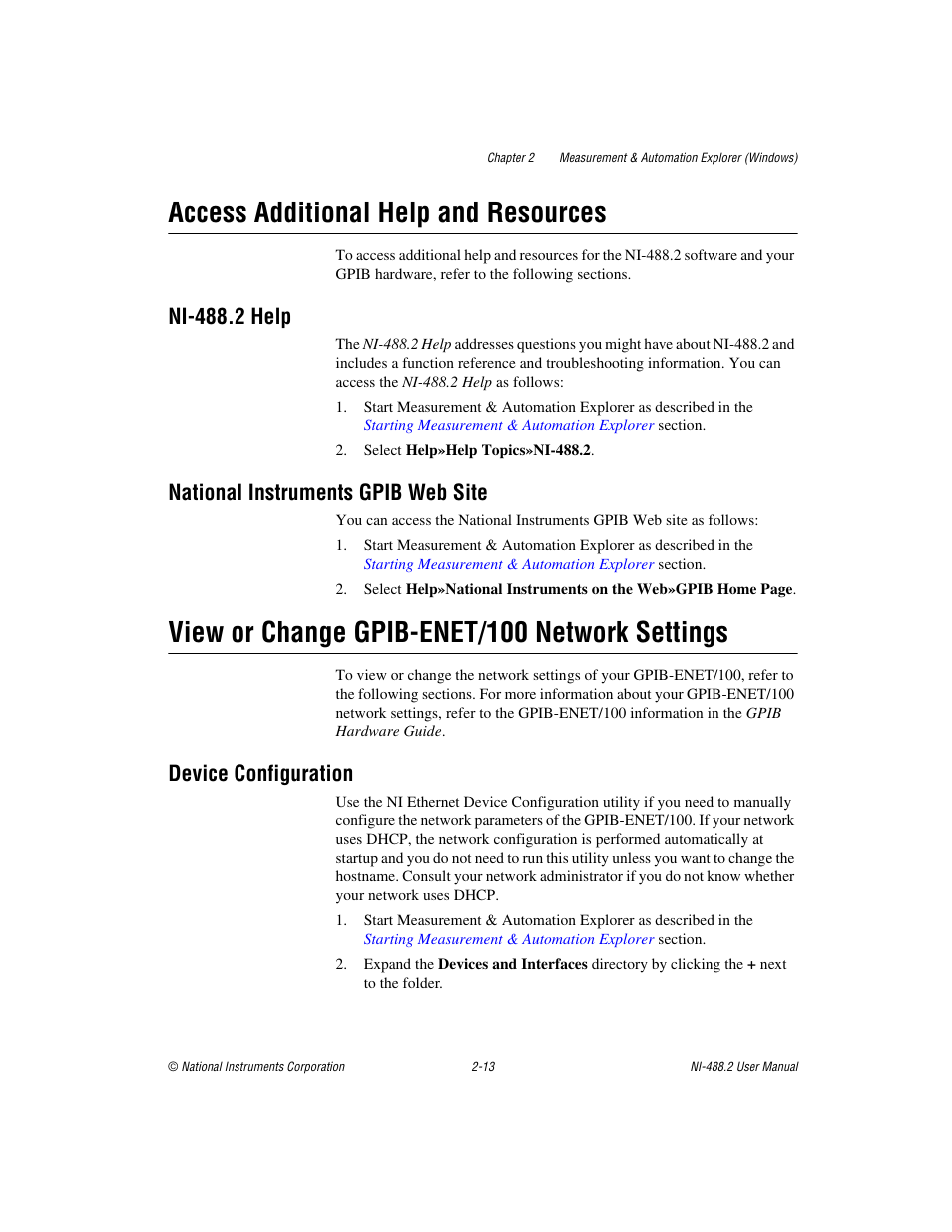 Access additional help and resources, Ni-488.2 help, National instruments gpib web site | View or change gpib-enet/100 network settings, Device configuration, Access additional help and resources -13, View or change gpib-enet/100 network settings -13, Device configuration -13 | National Instruments NI-488.2 User Manual | Page 27 / 137