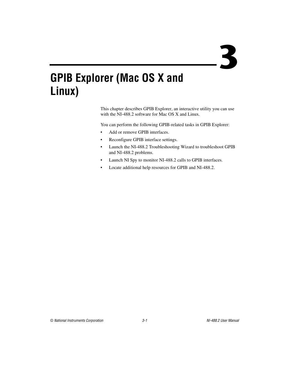 Chapter 3 gpib explorer (mac os x and linux), Gpib explorer (mac os x and linux) | National Instruments NI-488.2 User Manual | Page 29 / 137