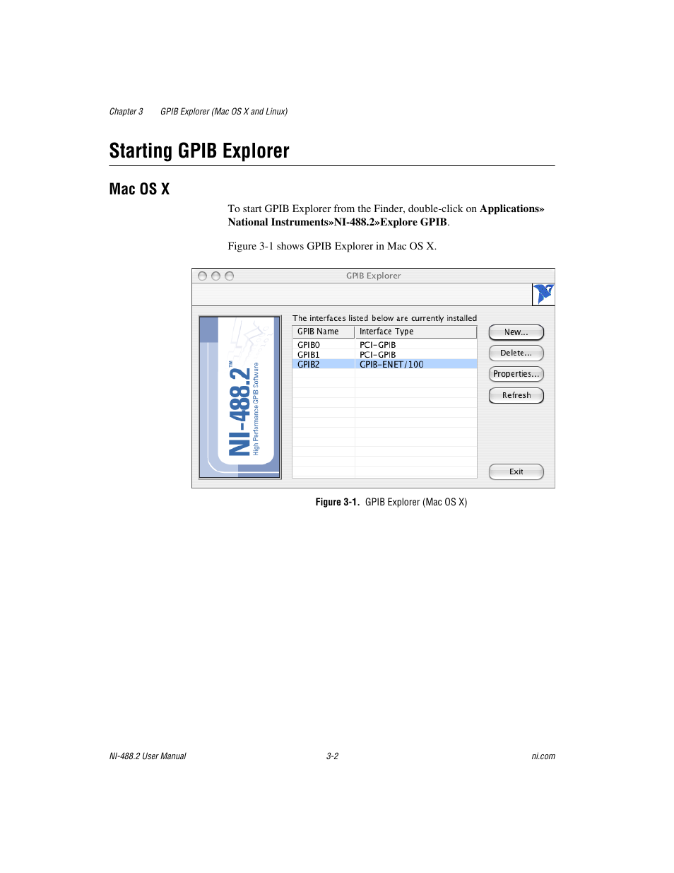 Starting gpib explorer, Mac os x, Figure 3-1. gpib explorer (mac os x) | Starting gpib explorer -2, Mac os x -2 | National Instruments NI-488.2 User Manual | Page 30 / 137