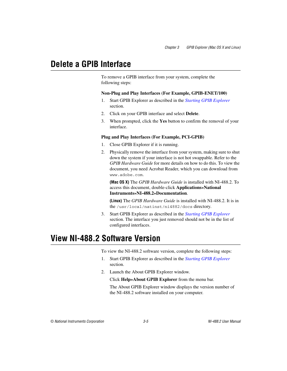 Delete a gpib interface, View ni-488.2 software version | National Instruments NI-488.2 User Manual | Page 33 / 137