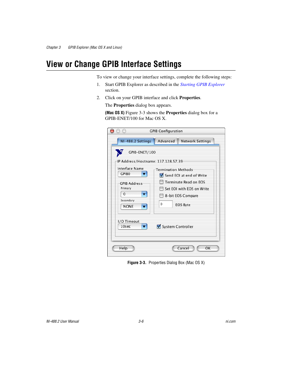 View or change gpib interface settings, Figure 3-3. properties dialog box (mac os x), View or change gpib interface settings -6 | National Instruments NI-488.2 User Manual | Page 34 / 137
