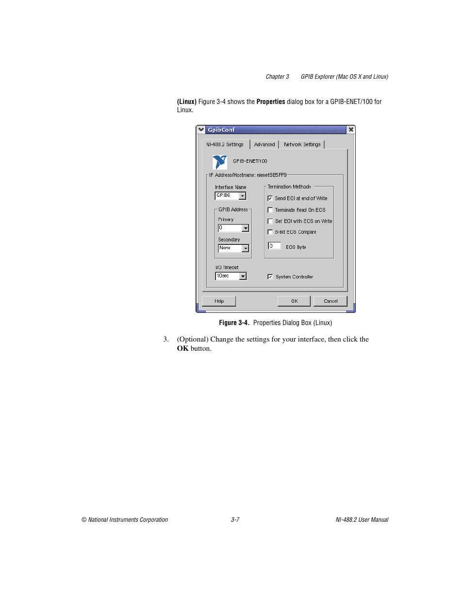 Figure 3-4. properties dialog box (linux) | National Instruments NI-488.2 User Manual | Page 35 / 137
