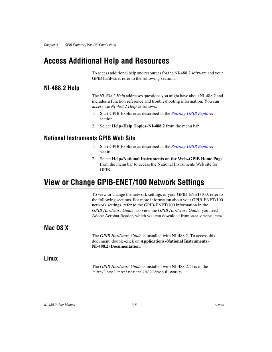 Access additional help and resources, Ni-488.2 help, National instruments gpib web site | View or change gpib-enet/100 network settings, Access additional help and resources -8, View or change gpib-enet/100 network settings -8, Mac os x, Linux | National Instruments NI-488.2 User Manual | Page 36 / 137