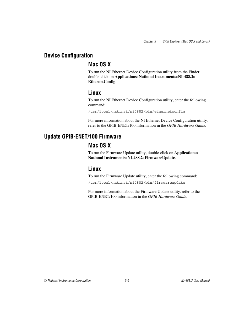 Device configuration, Update gpib-enet/100 firmware, Device configuration mac os x | Linux, Update gpib-enet/100 firmware mac os x | National Instruments NI-488.2 User Manual | Page 37 / 137