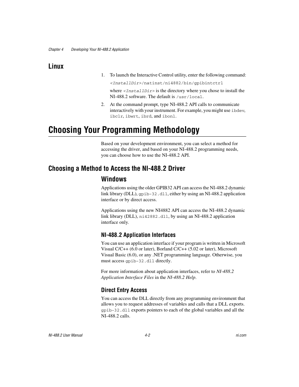 Choosing your programming methodology, Choosing a method to access the ni-488.2 driver, Windows | Choosing your programming methodology -2, Choosing a method to access the ni-488.2 driver -2, Windows -2, Linux | National Instruments NI-488.2 User Manual | Page 39 / 137