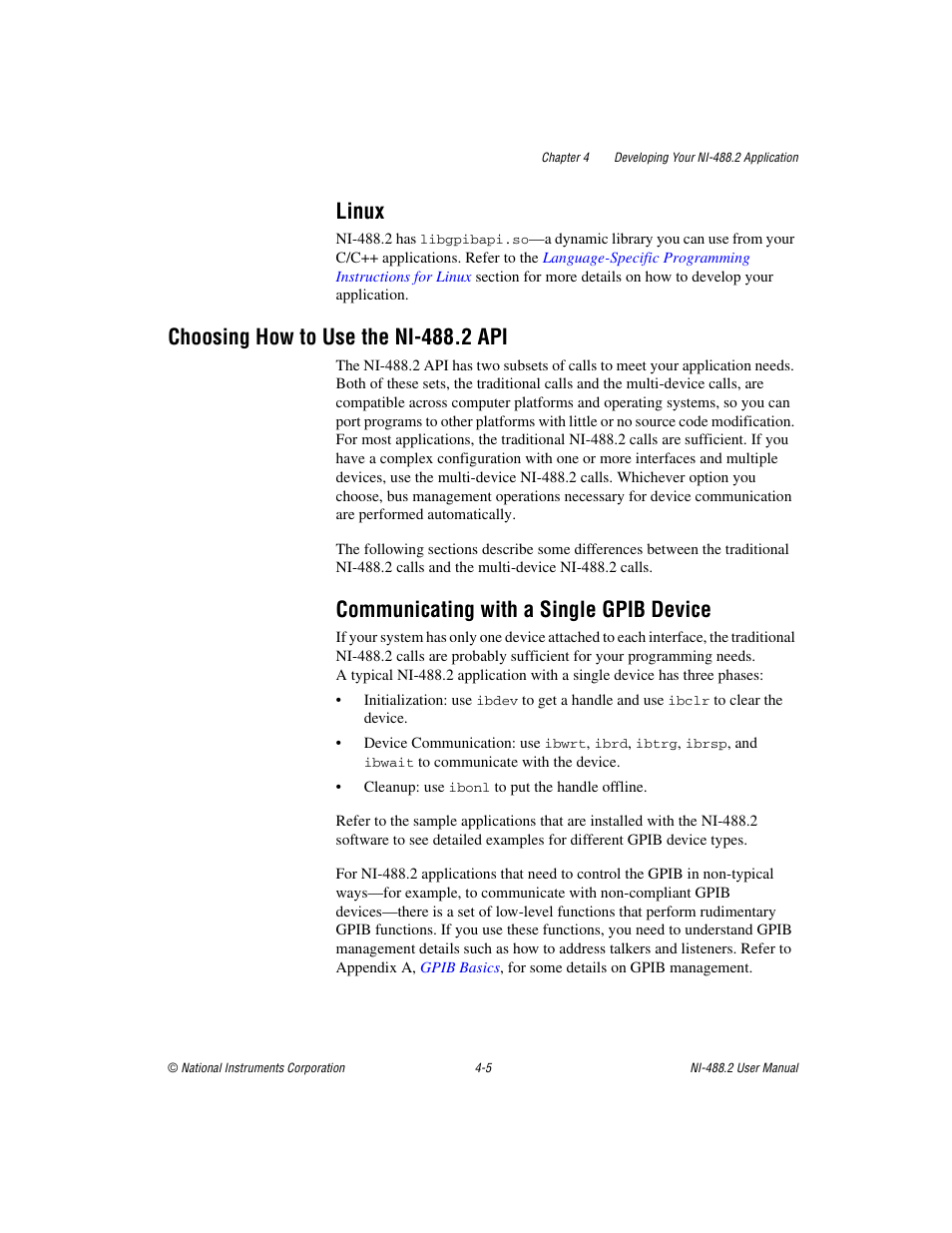 Linux, Choosing how to use the ni-488.2 api, Communicating with a single gpib device | Linux -5, Choosing how to use the ni-488.2 api -5, Communicating with a single gpib device -5 | National Instruments NI-488.2 User Manual | Page 42 / 137