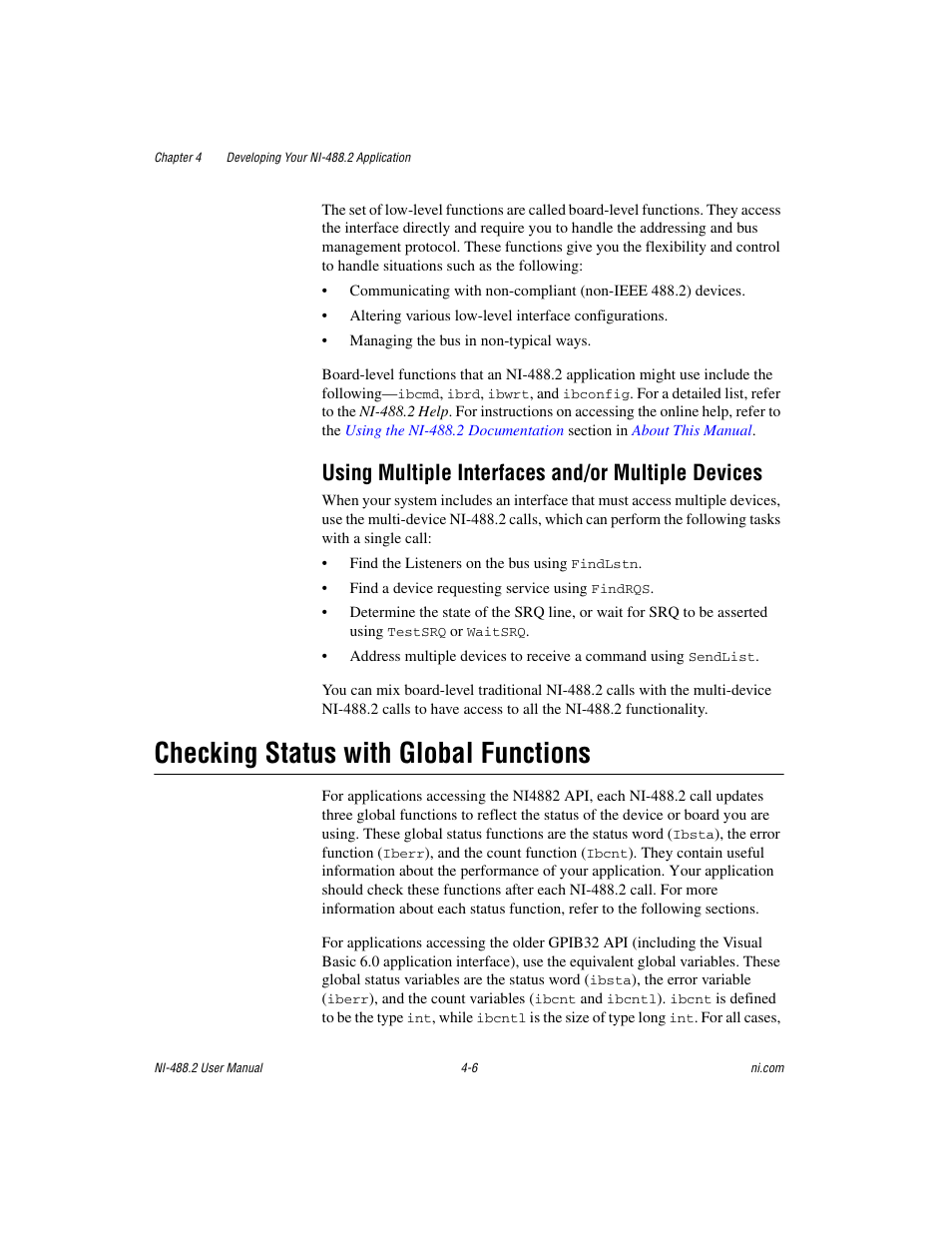 Using multiple interfaces and/or multiple devices, Checking status with global functions, Checking status with global functions -6 | National Instruments NI-488.2 User Manual | Page 43 / 137