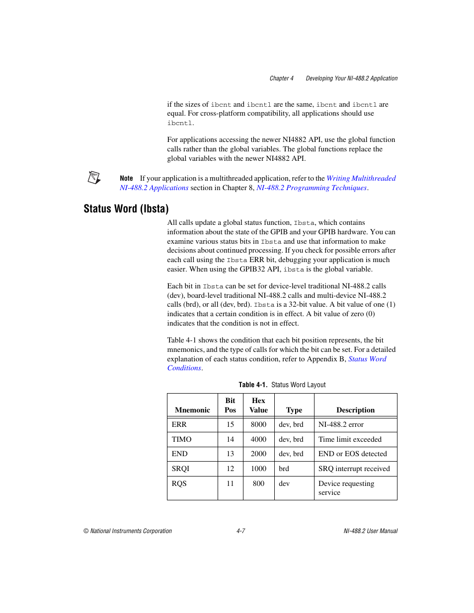 Status word (ibsta), Table 4-1. status word layout, Status word (ibsta) -7 | National Instruments NI-488.2 User Manual | Page 44 / 137