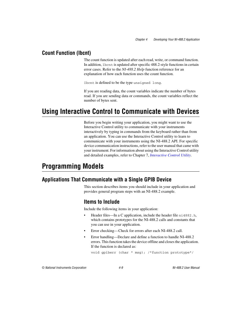 Count function (ibcnt), Programming models, Items to include | Count function (ibcnt) -9, Items to include -9 | National Instruments NI-488.2 User Manual | Page 46 / 137