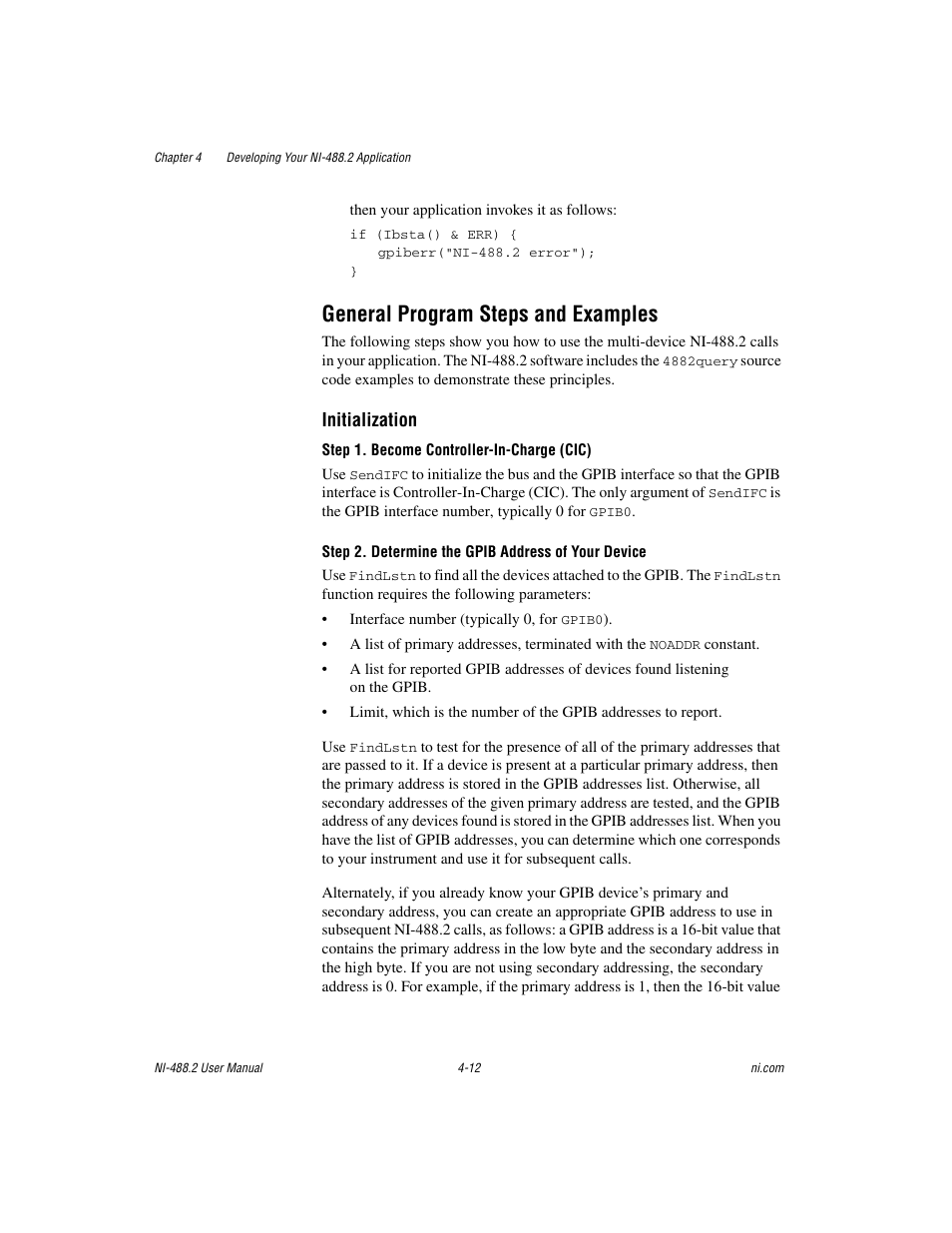 General program steps and examples, General program steps and examples -12, Step 2. determine | The gpib address of your device | National Instruments NI-488.2 User Manual | Page 49 / 137