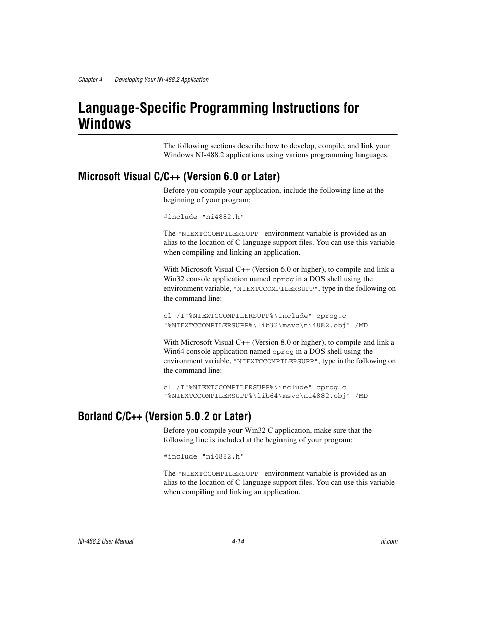 Microsoft visual c/c++ (version 6.0 or later), Borland c/c++ (version 5.0.2 or later) | National Instruments NI-488.2 User Manual | Page 51 / 137