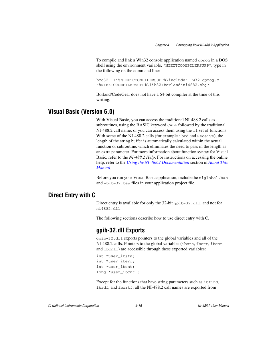 Visual basic (version 6.0), Direct entry with c, Gpib-32.dll exports | Gpib-32.dll exports -15 | National Instruments NI-488.2 User Manual | Page 52 / 137