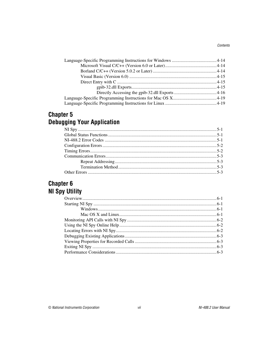 Chapter 5 debugging your application, Chapter 6 ni spy utility | National Instruments NI-488.2 User Manual | Page 6 / 137