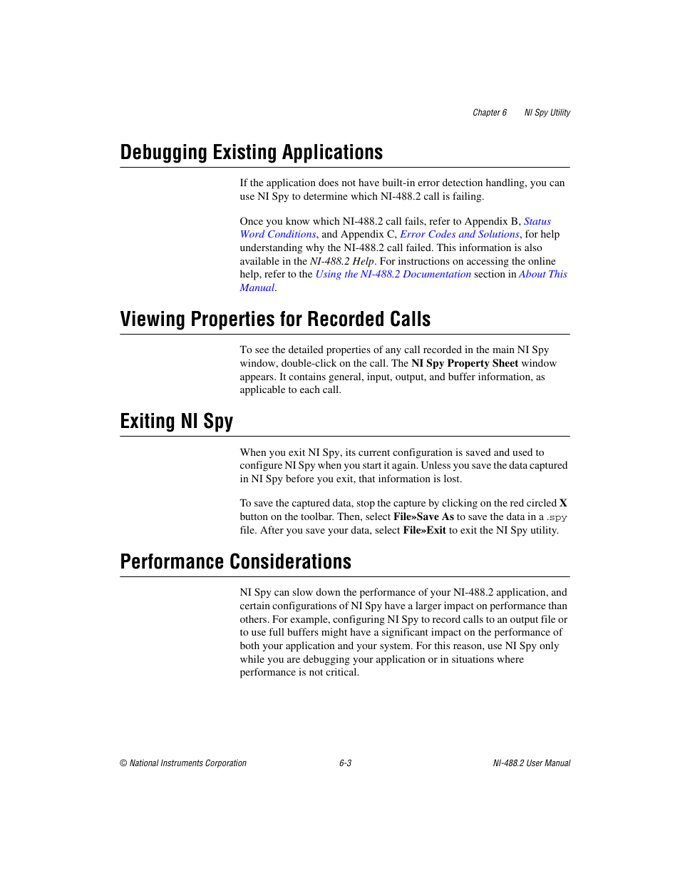 Debugging existing applications, Viewing properties for recorded calls, Exiting ni spy | Performance considerations | National Instruments NI-488.2 User Manual | Page 63 / 137