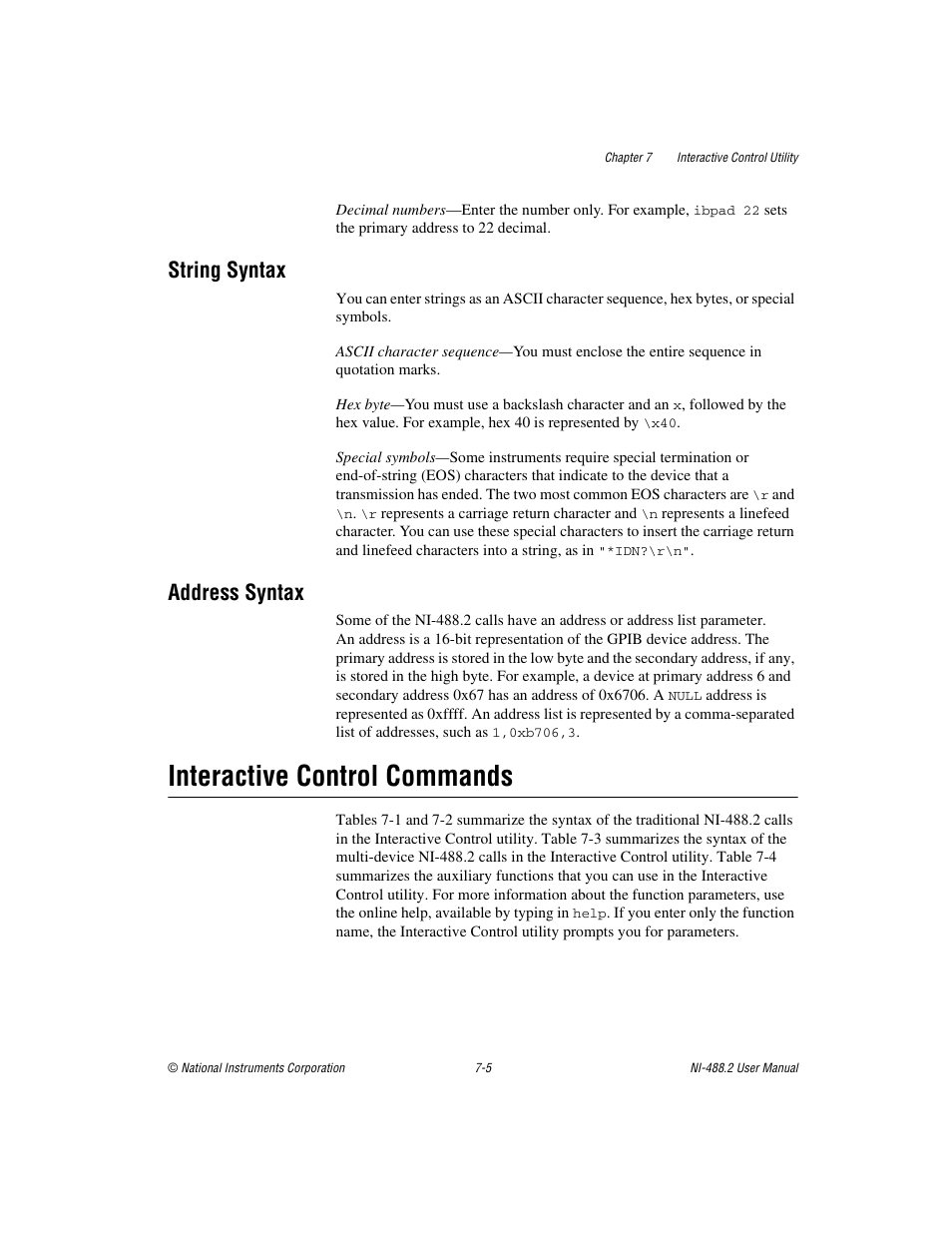 String syntax, Address syntax, Interactive control commands | String syntax -5 address syntax -5, Interactive control commands -5 | National Instruments NI-488.2 User Manual | Page 68 / 137